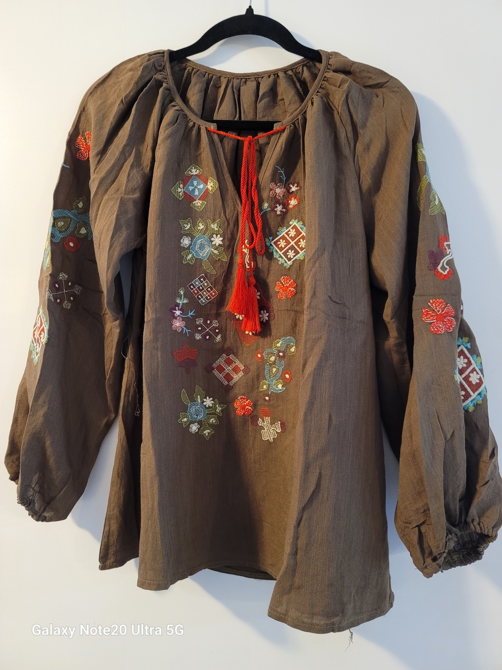 Women’s Brown Embroidered Peasant Top with Red Tassel Tie